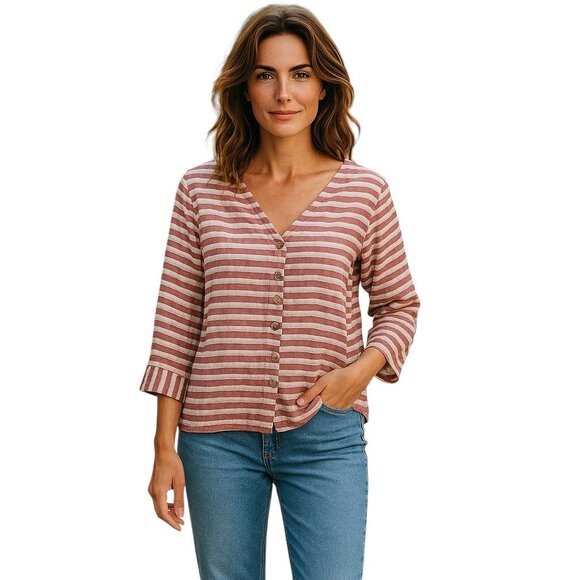 Rachel Zoe Striped Linen Button Down Blouse Burgundy Size M Coastal Bohemian - Picture 1 of 10